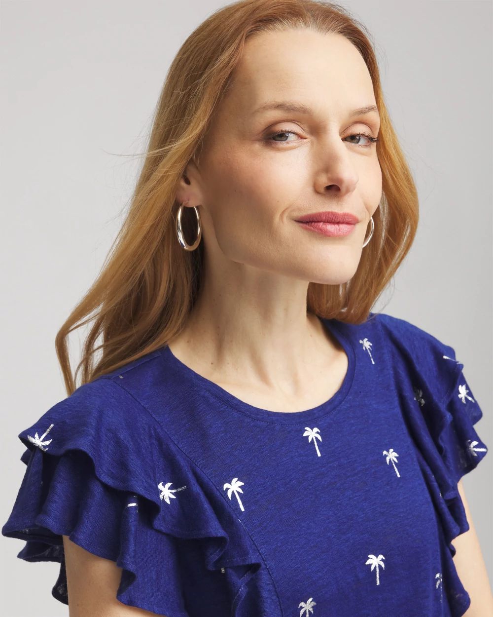 Foiled Flutter-Sleeve Linen Tee