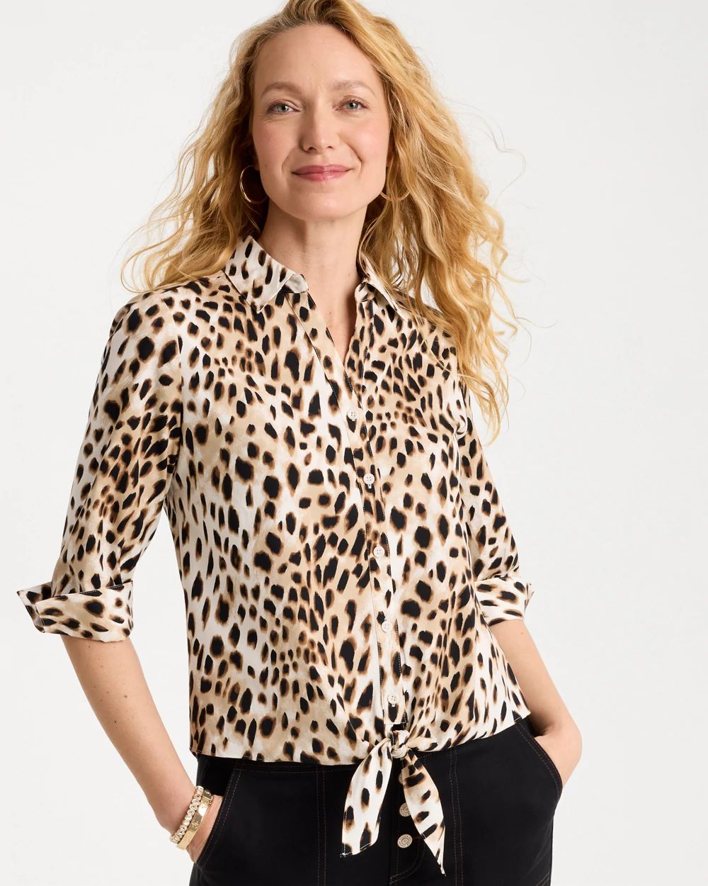 Poplin Cotton Animal Print Tie-Front Top
