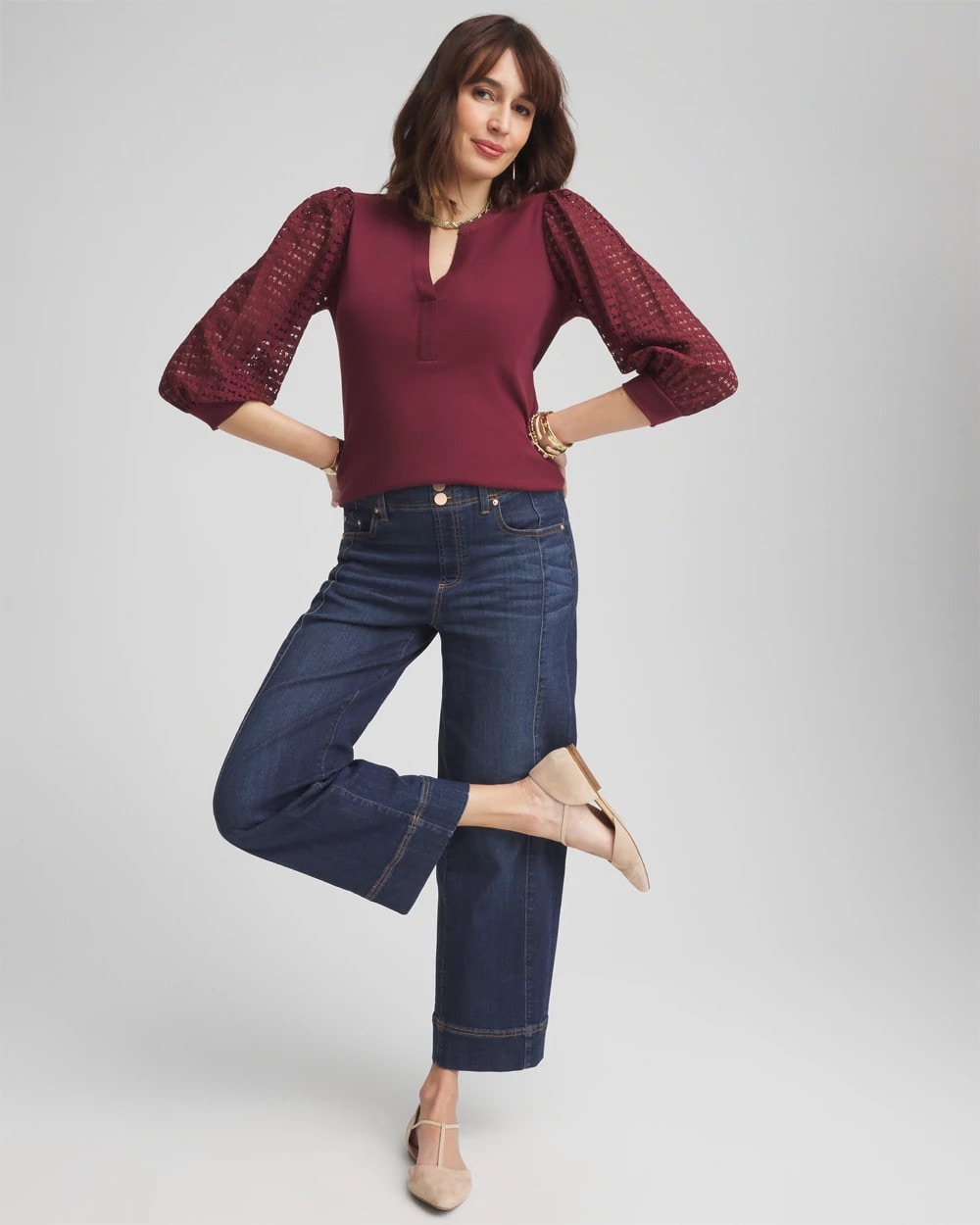 Split Neck Lace Sleeve Top