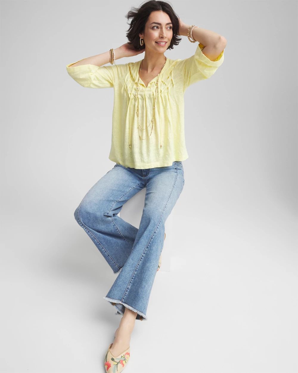 Pintuck Tie-Front Notched-Neck Tee