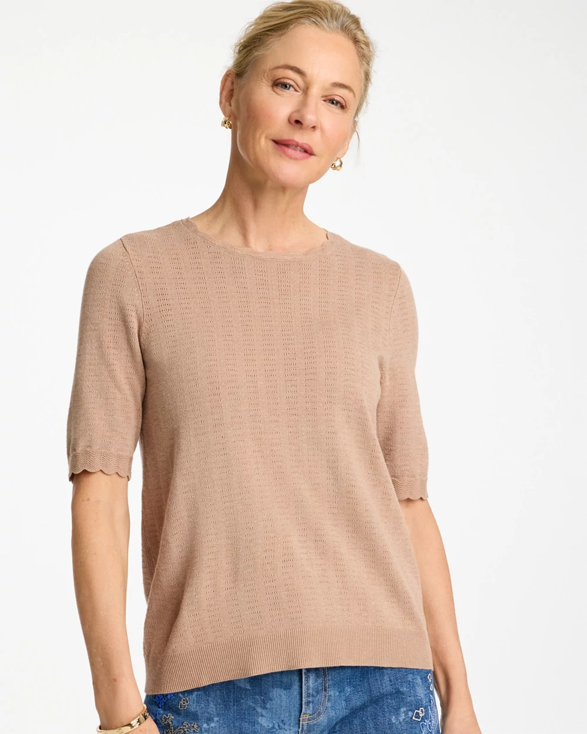 Chico's Ella Crewneck Pointelle Pullover Sweater In Cattail Brown In Pink