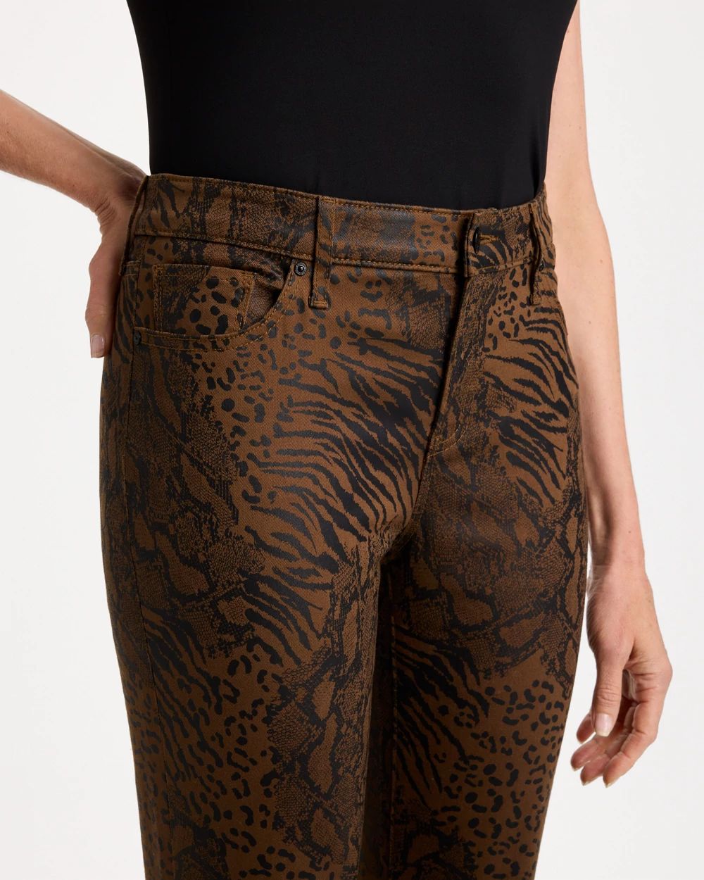 Animal Print Coated Girlfriend Slim Ankle Jeans click to view larger image.