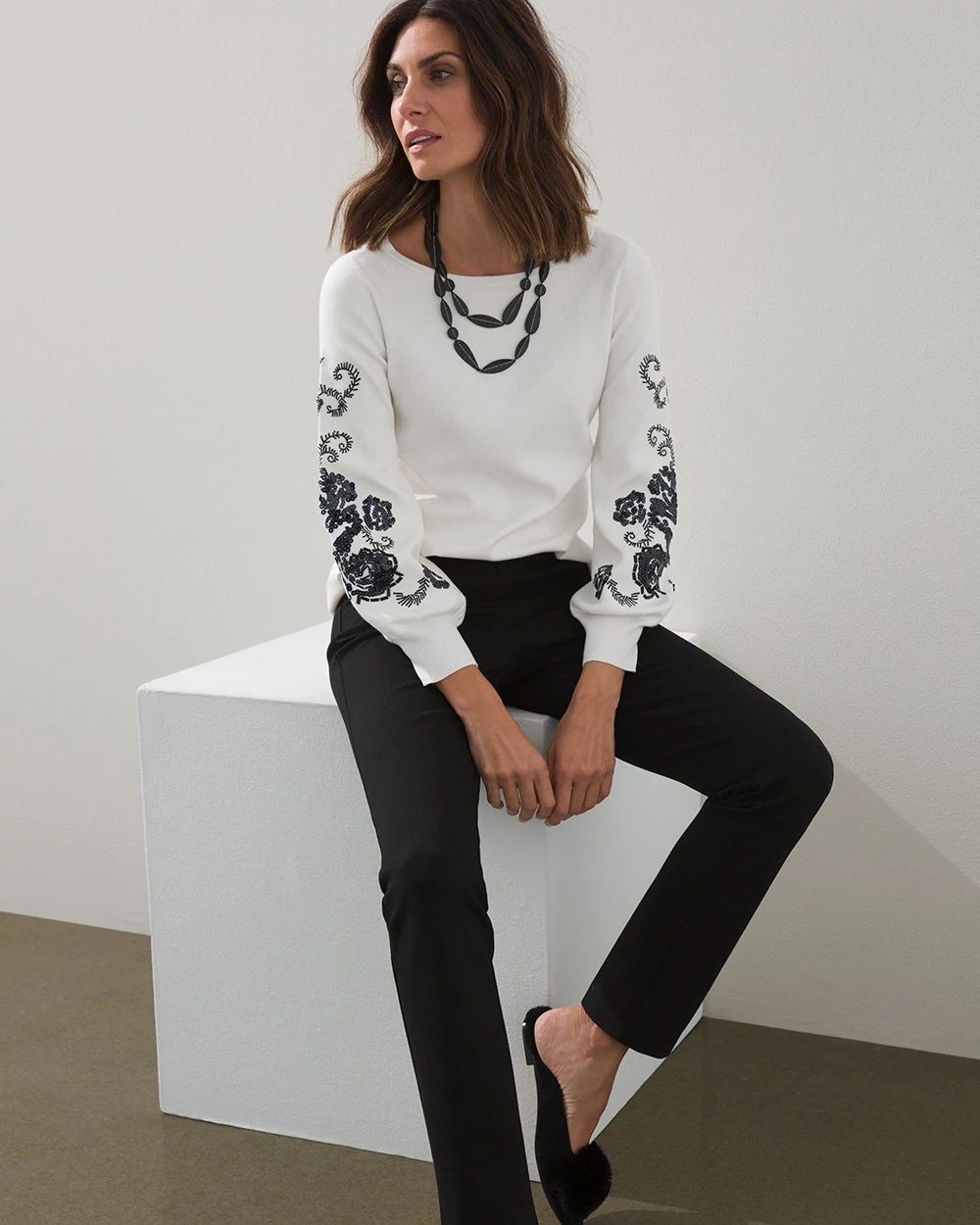 Contrast Beaded Pullover Sweater