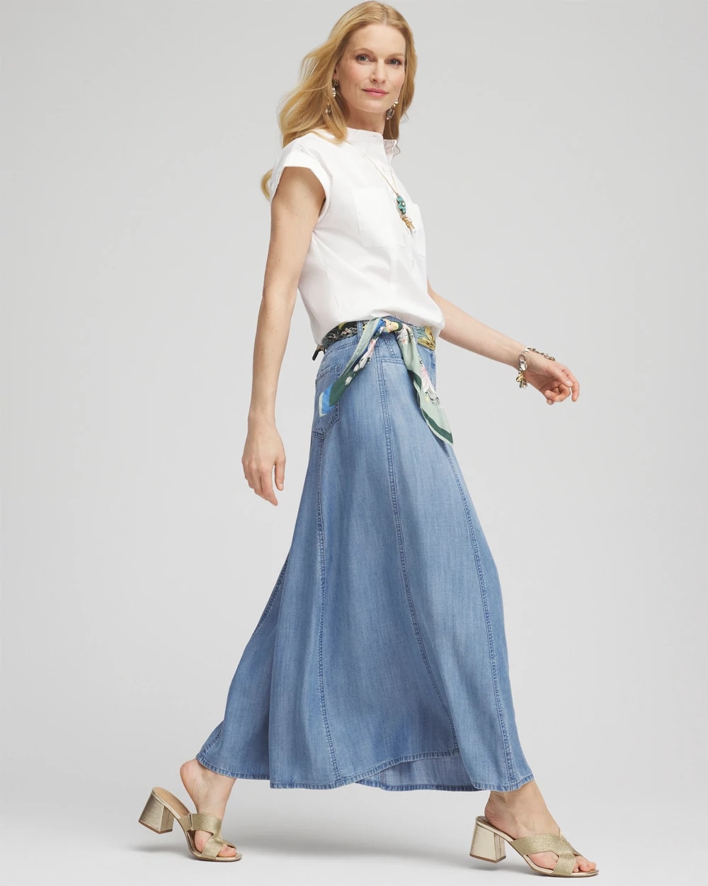 Lightweight Denim Fly Front Midi Skirt