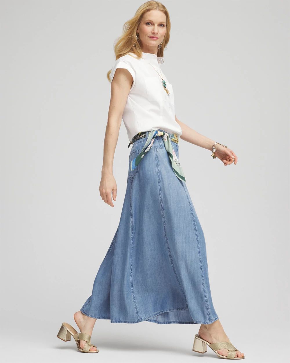Tencel™ Denim Pull-On Pleated Midi Skirt