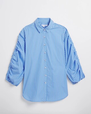 Poplin Stripe Ruched Sleeve Shirt