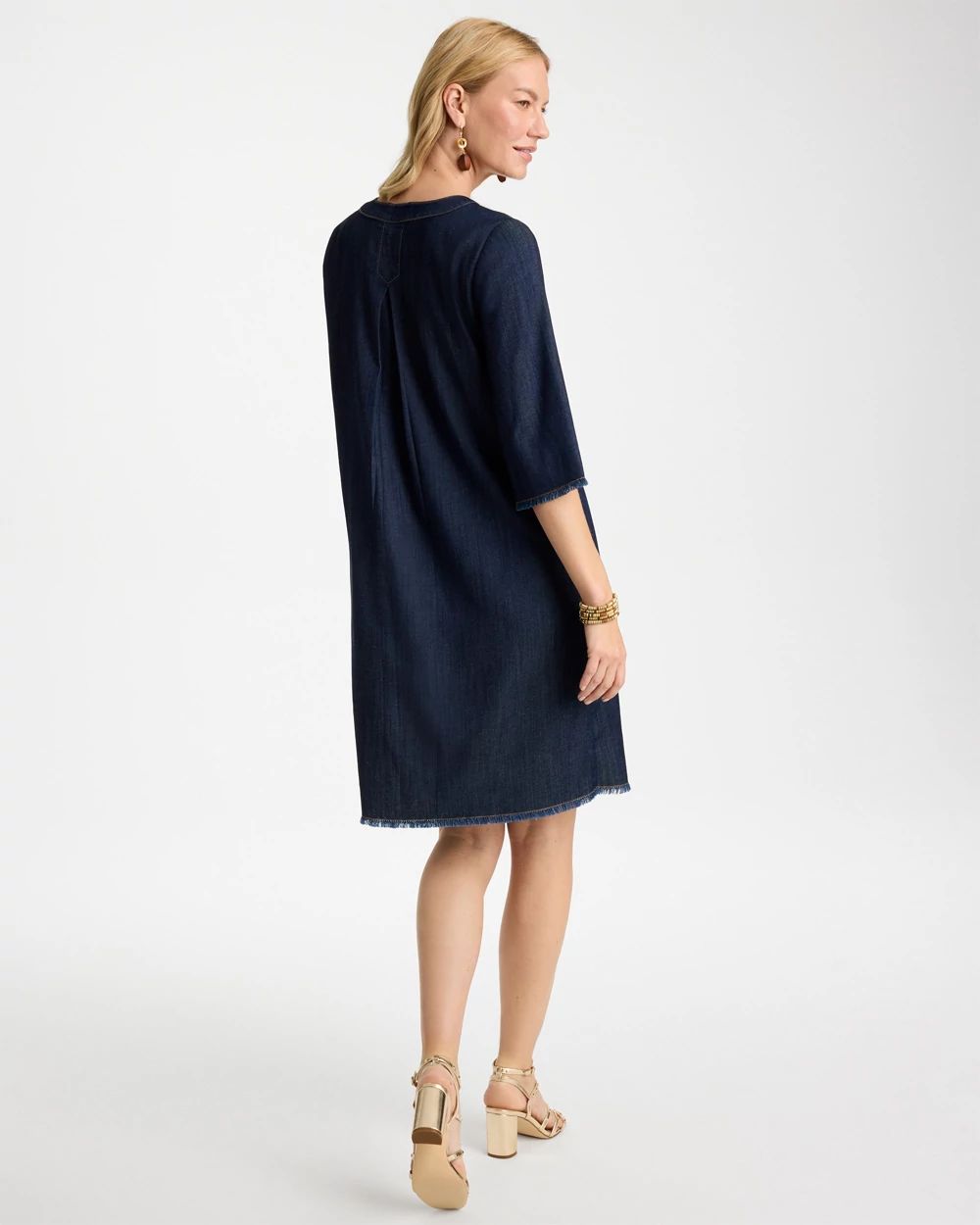 Denim Frayed Knee-Length Dress click to view larger image.