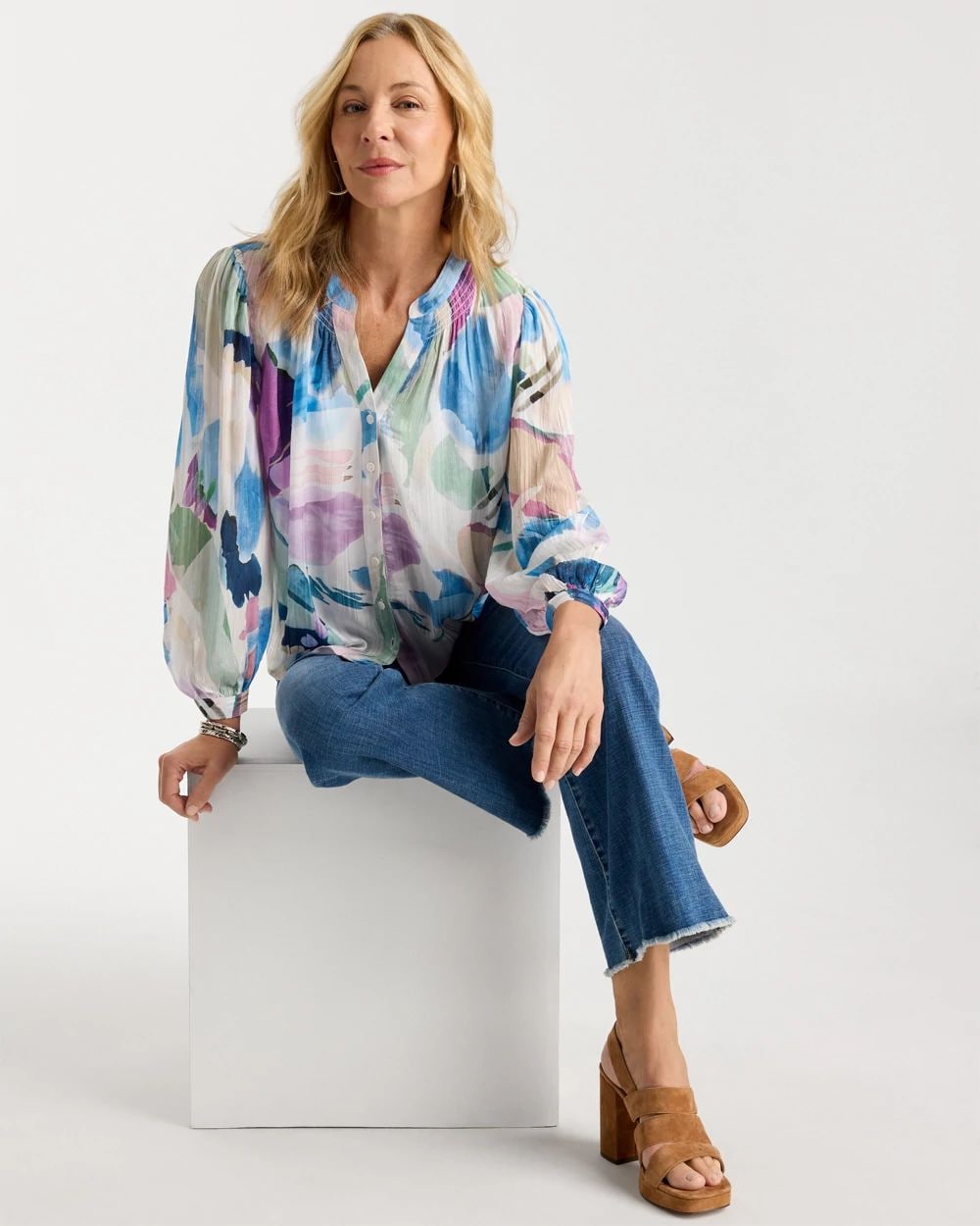 Blur Geo Button Front Blouse