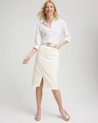 Frayed High-Rise Midi Stretch Denim Skirt click to view larger image.