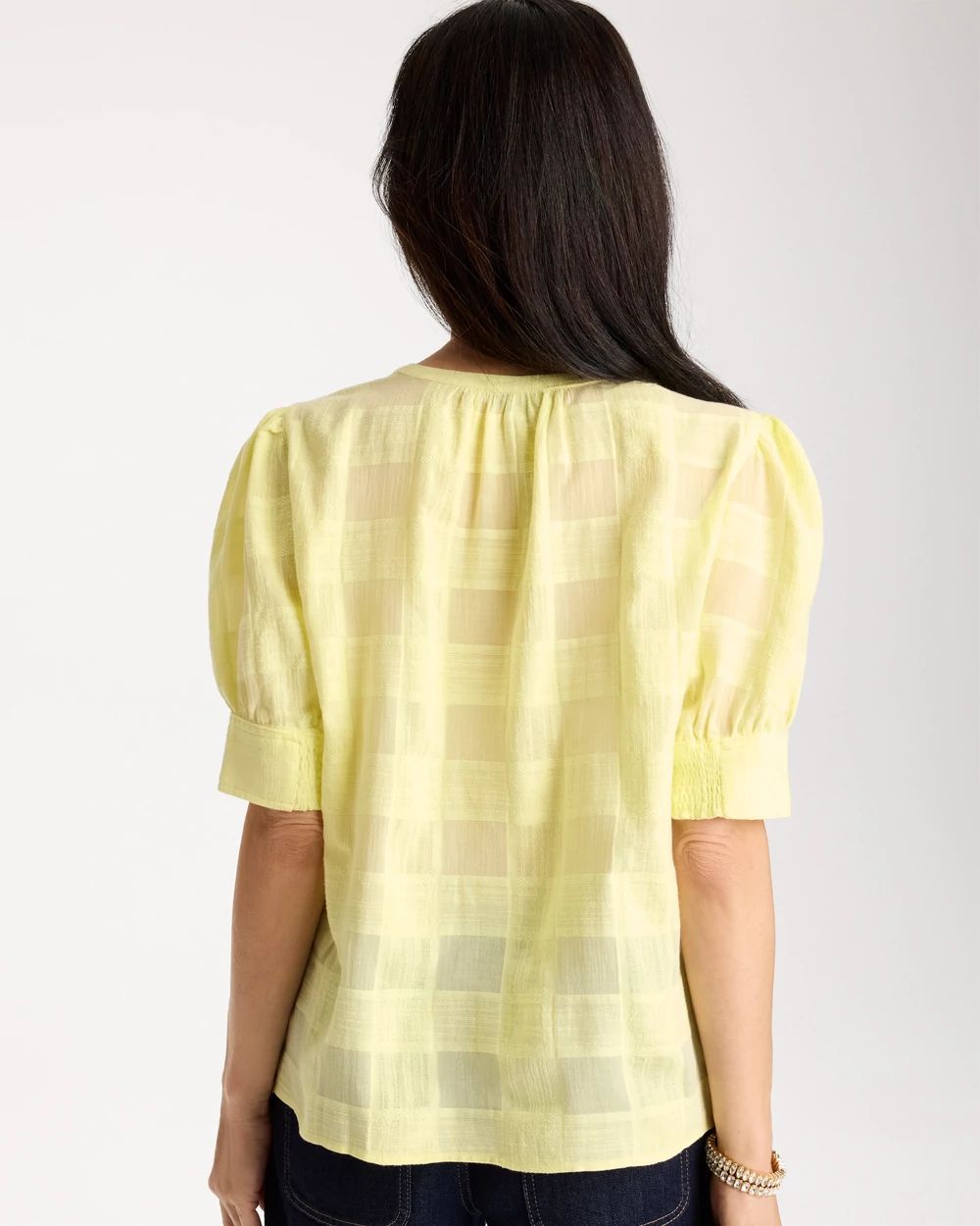 Cotton Plaid Elbow-Sleeve Shirt click to view larger image.