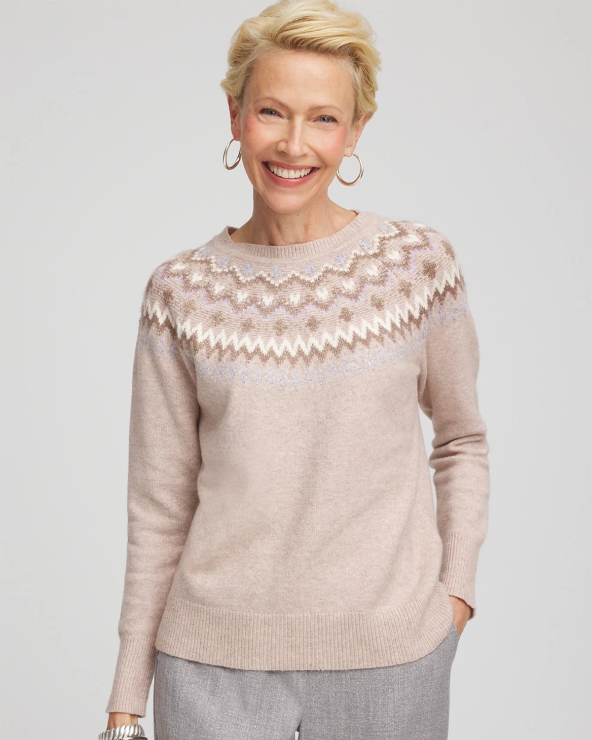 Chico's Fair Isle Sweater In Birch Bark In Brown