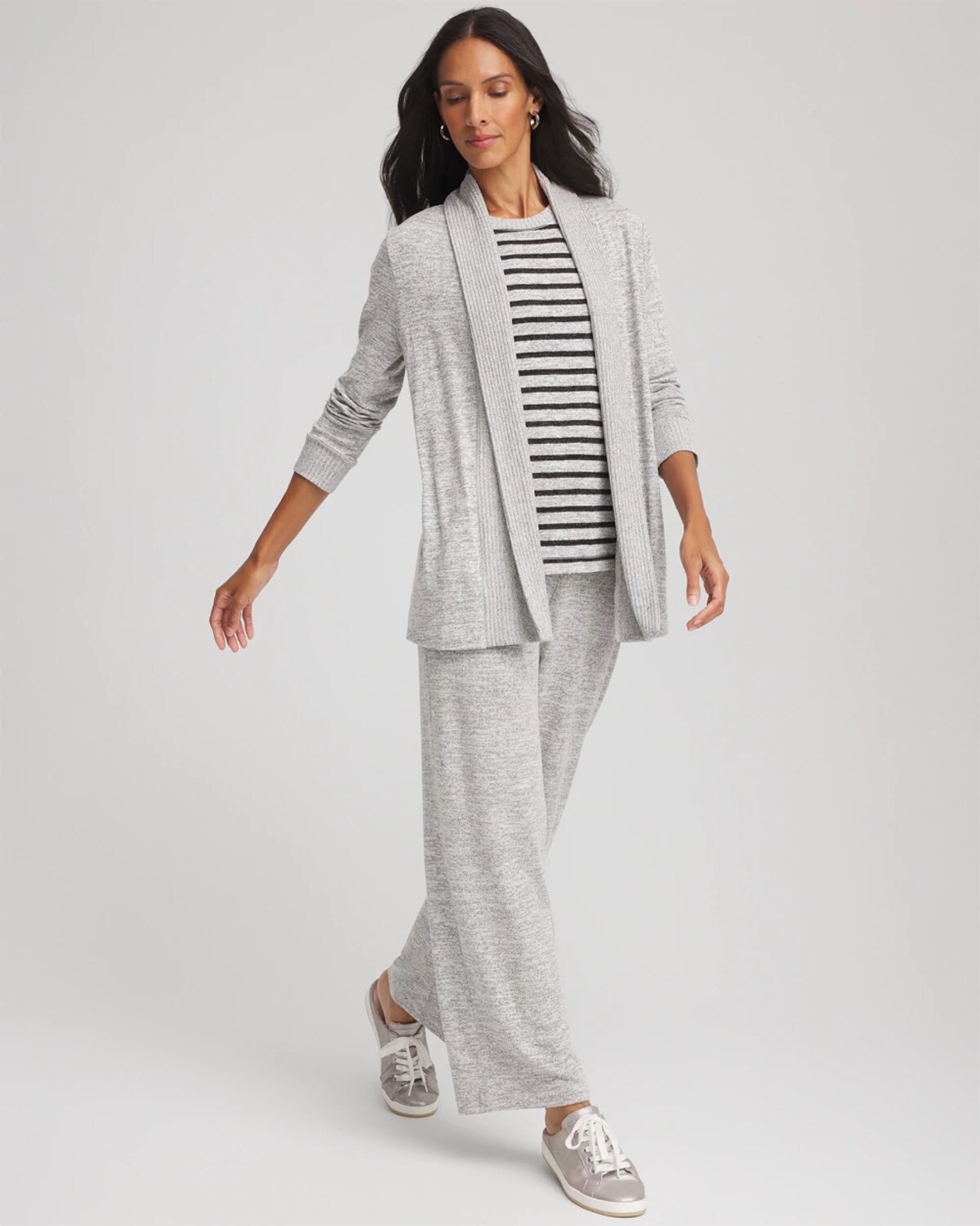 Chico's Rib-trim Long Cardigan Sweater In Salt/pepper