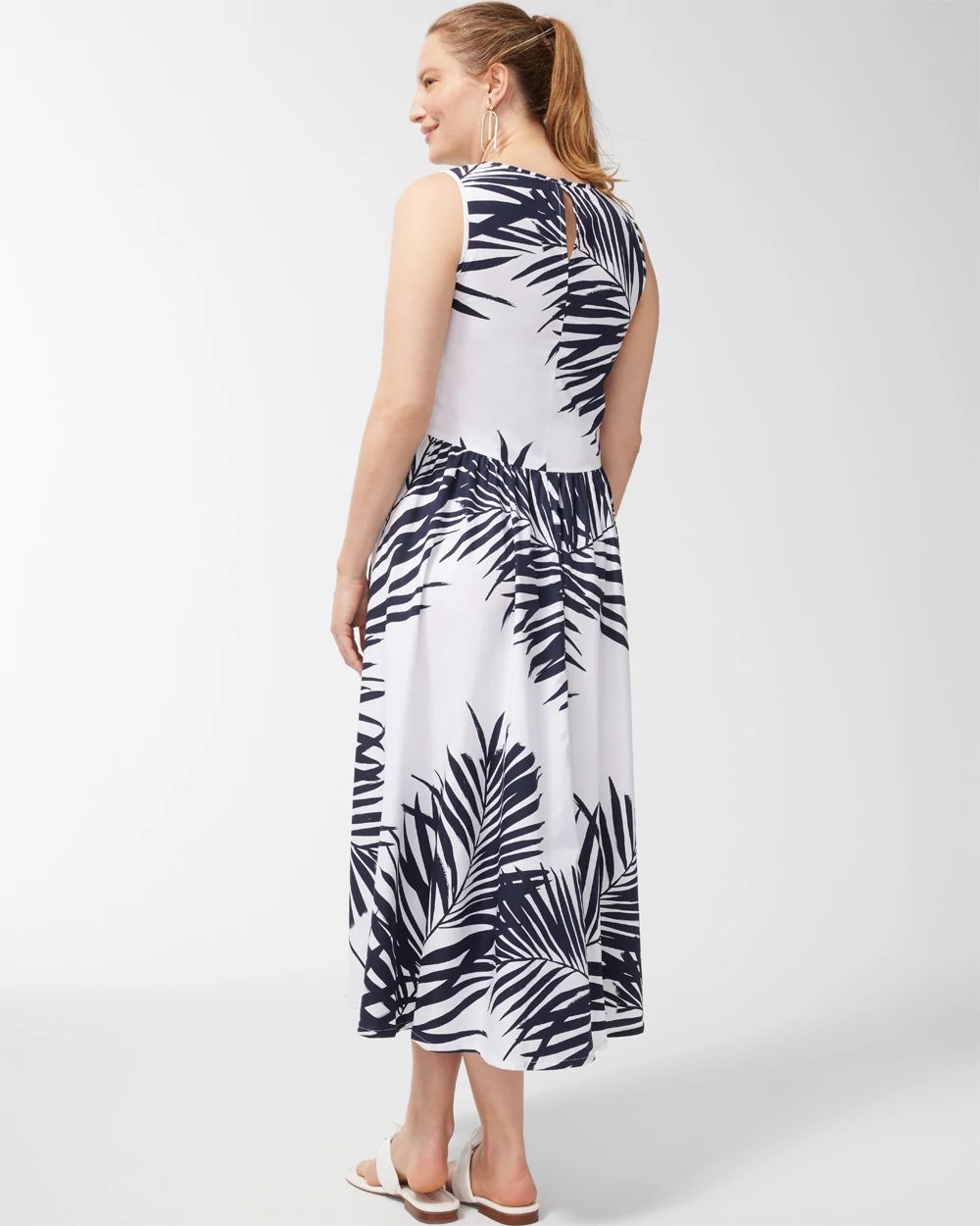 Palm Print Back Tier Midi Dress