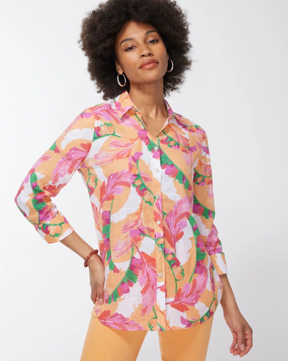 No Iron Linen 3/4 Sleeve Foliage Shirt