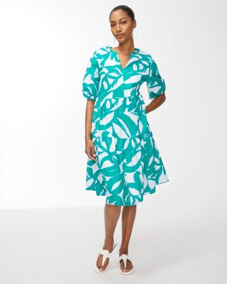 Green Leaf Print Poplin Dress