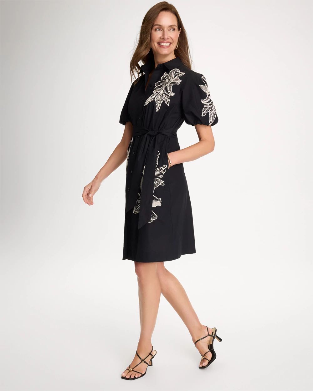 Embroidered Poplin Cotton Belted Dress click to view larger image.