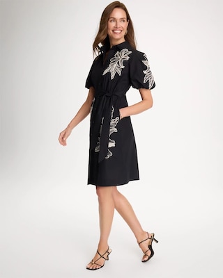 Embroidered Poplin Cotton Belted Dress click to view larger image.
