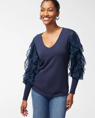 Knit Woven Mix Ruffle Sleeve Sweater