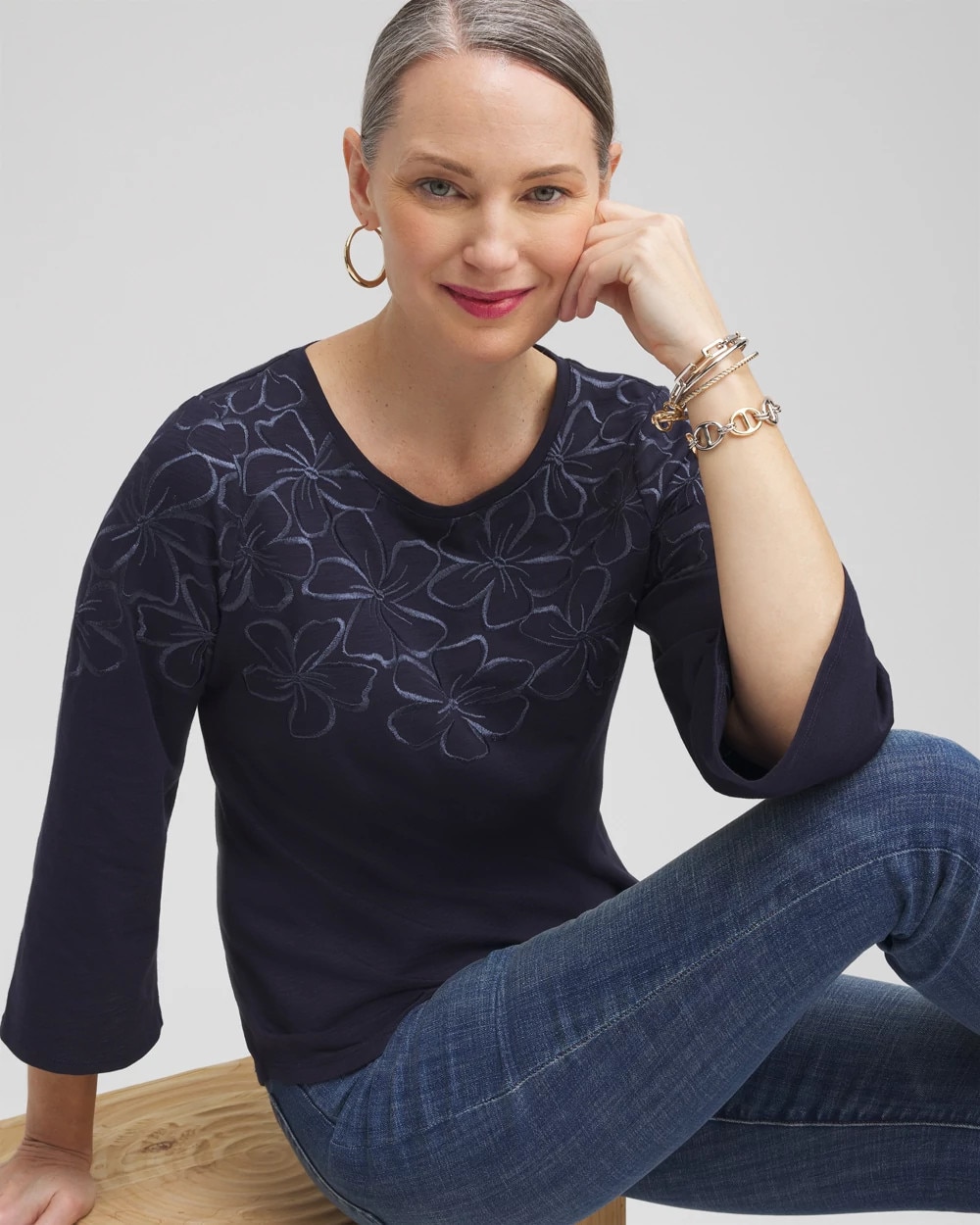 Floral Embroidered 3/4 Sleeve Top