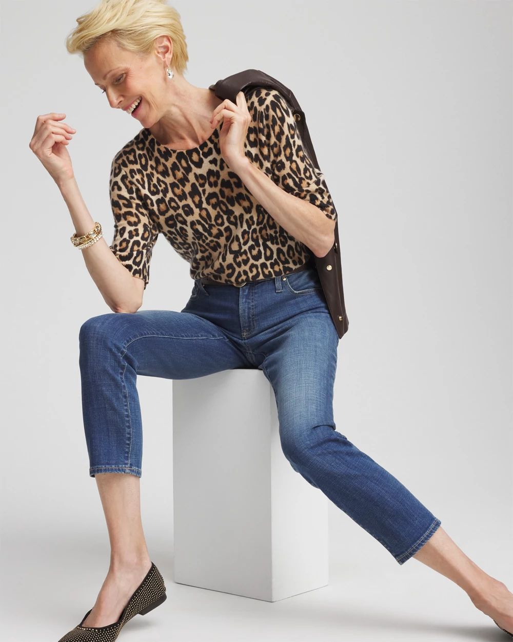 Cashmere Animal Elbow-Sleeve Pullover