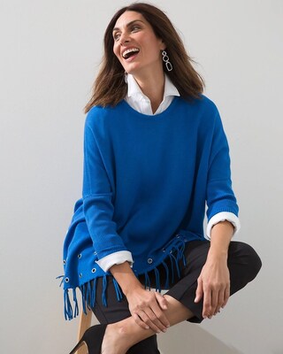 Blue Embellished Sweater Poncho
