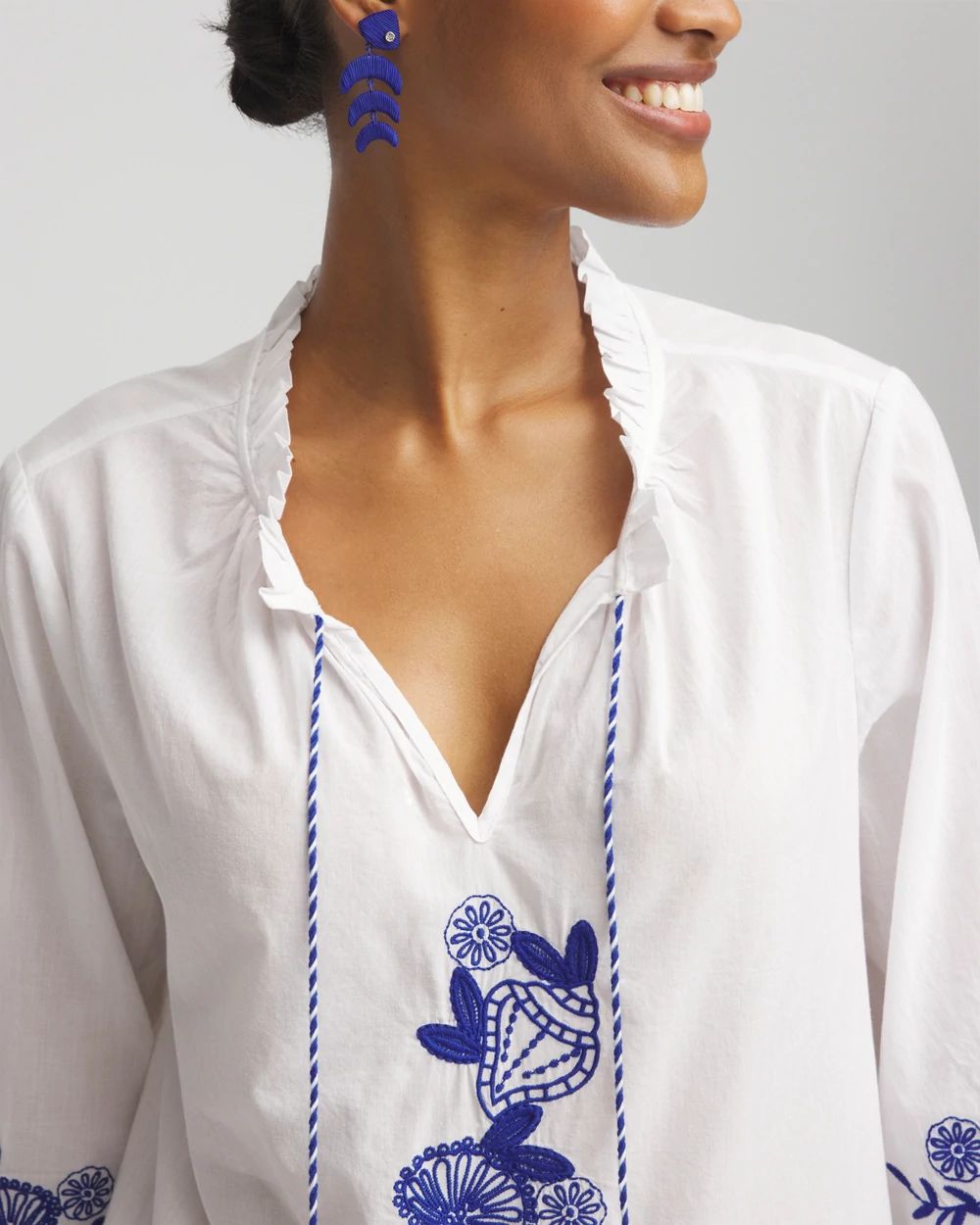 Embroidered Tassel Tie-Front Blouse
