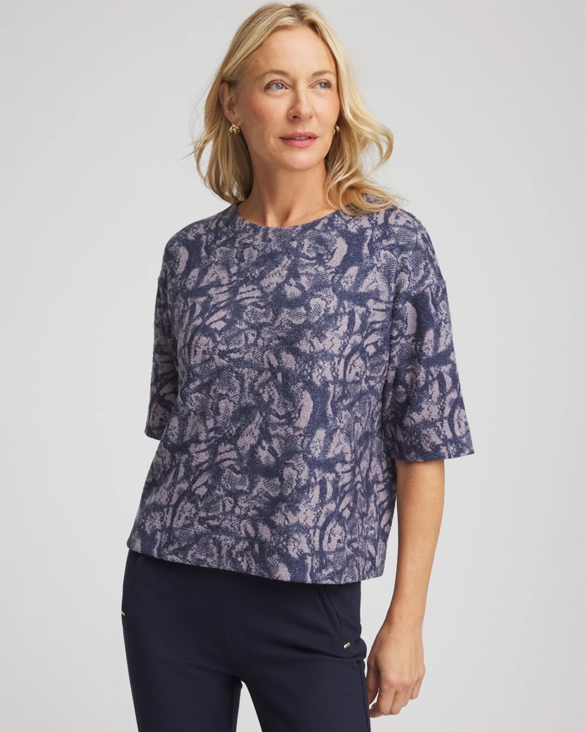 Chico's Animal Cozy Crewneck Tee In Indigo Sky