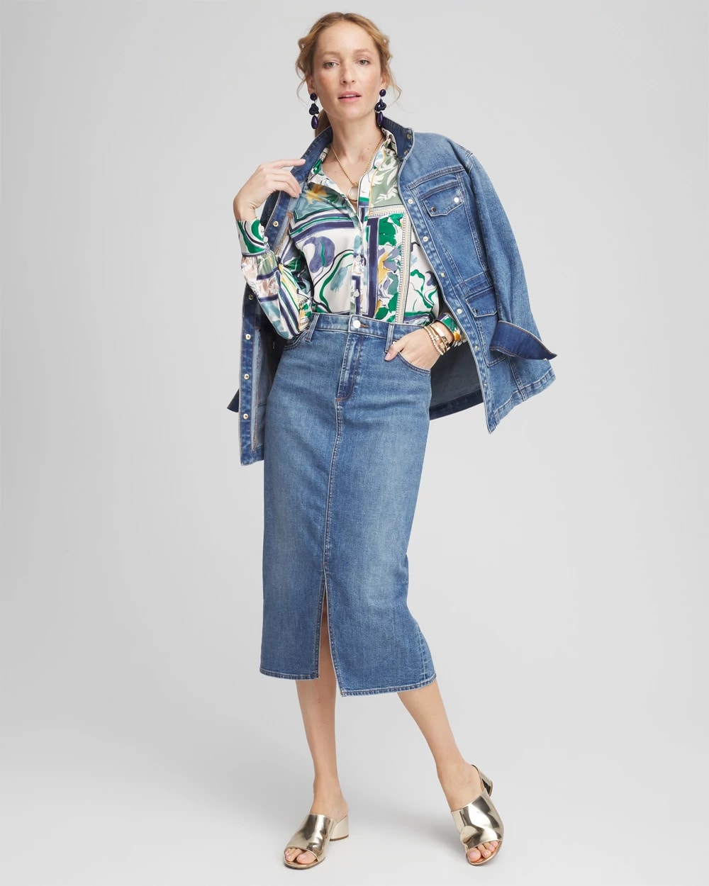 High-Rise Midi Stretch Denim Skirt