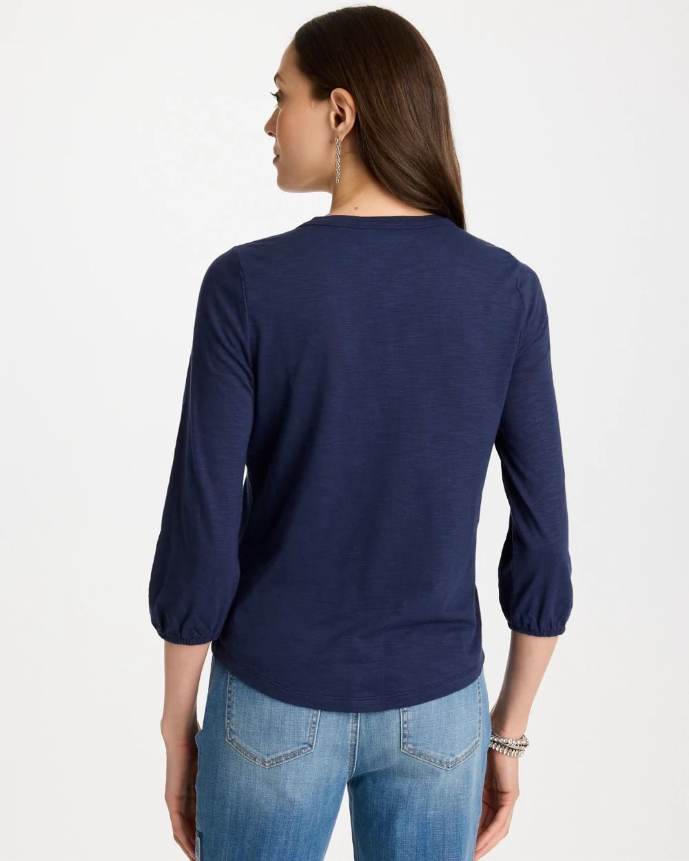 Puff Sleeve Cotton Slub Henley Shirt