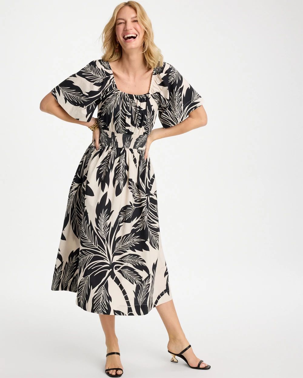 Poplin Cotton Palm Off-Shoulder Dress click to view larger image.