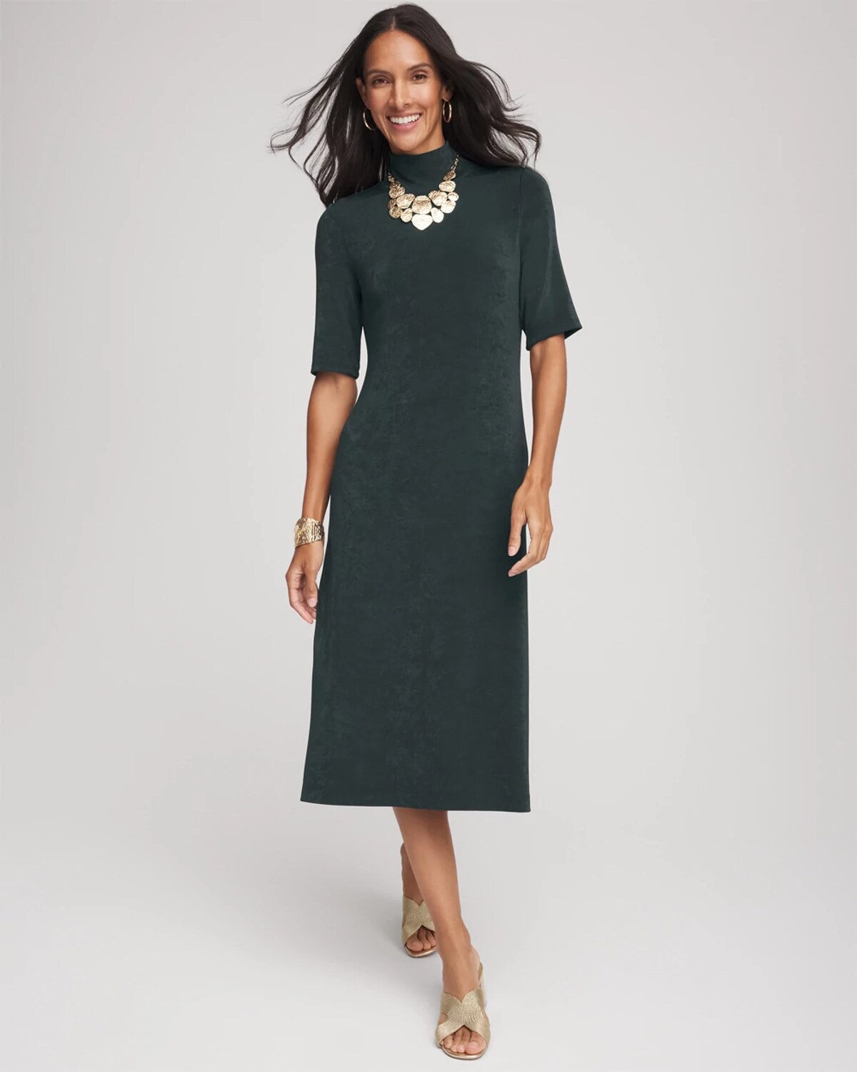 Chico's Travelers Mockneck Elbow-sleeve Midi Dress In Darkest Spruce In Green