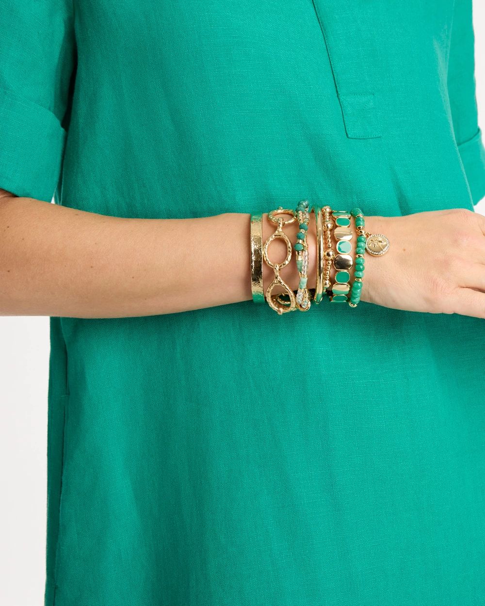 Green Goldtone Glam Stretch Bracelet click to view larger image.