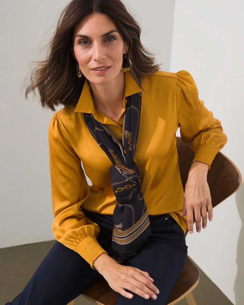 Satin Smocked-Cuff Blouse