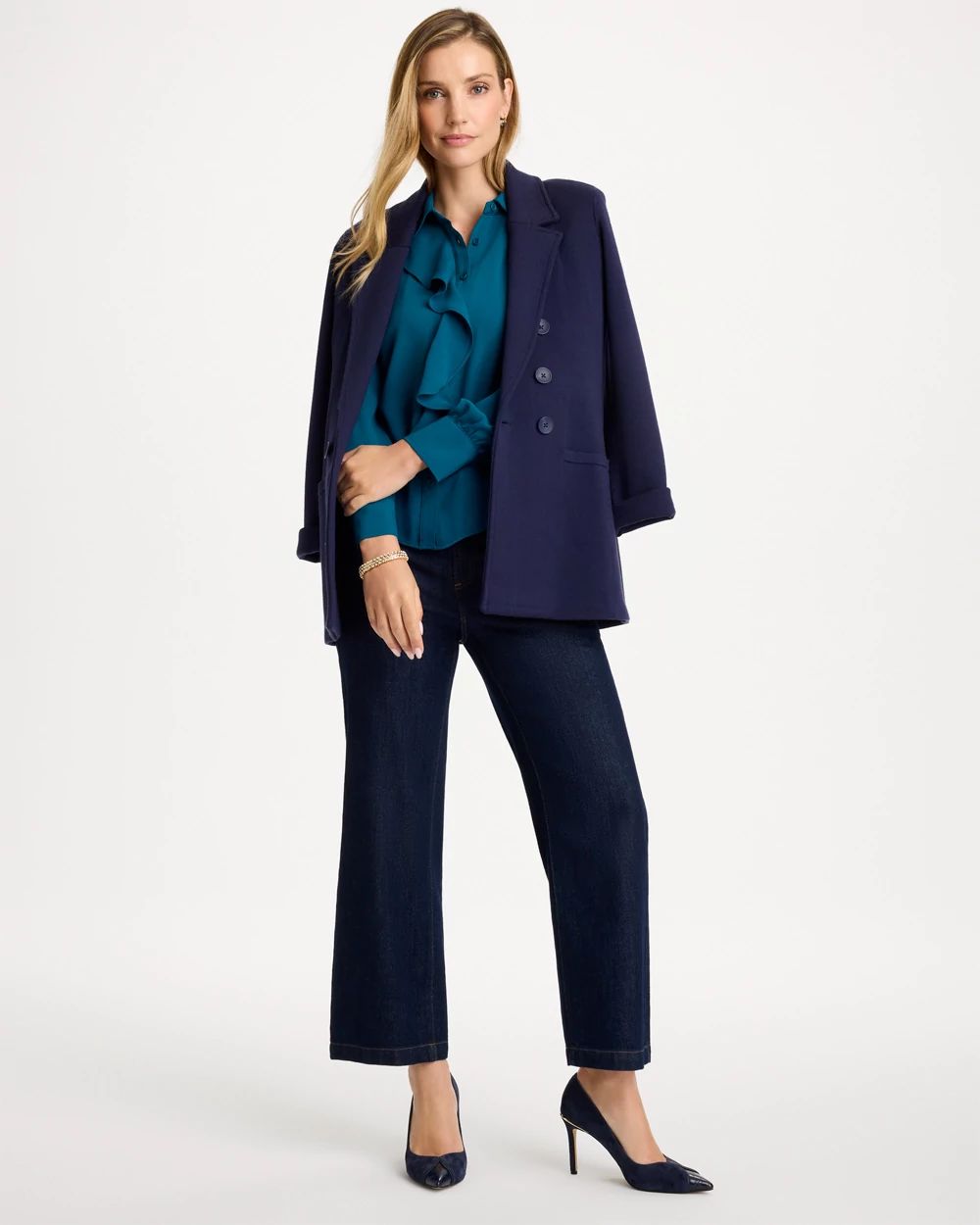Matte Satin Ruffled Button-Down Blouse click to view larger image.