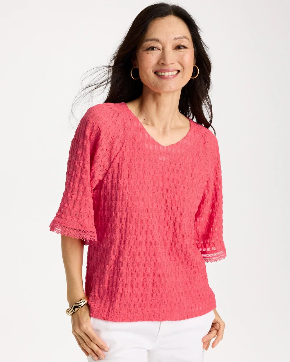 Crinkle Lace Knit Raglan Tee