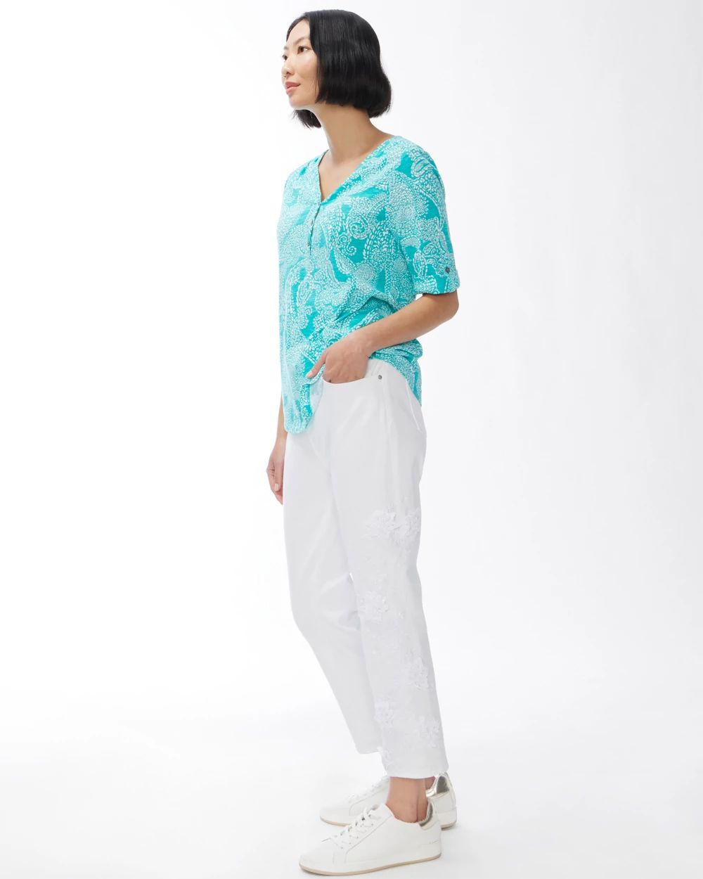 Paisley Henley Elbow Sleeve Slub Tee