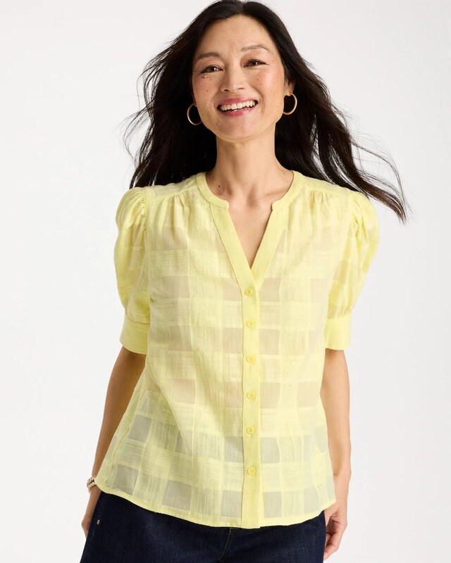 Cotton Plaid Elbow-Sleeve Shirt - image 1