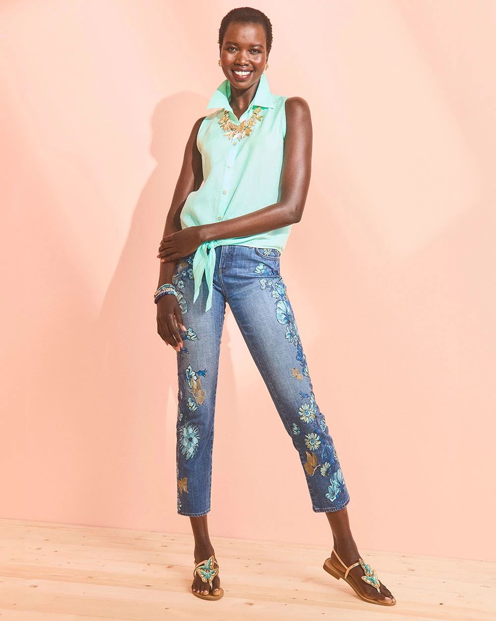 Girlfriend Butterfly Printed Cropped Jeans
