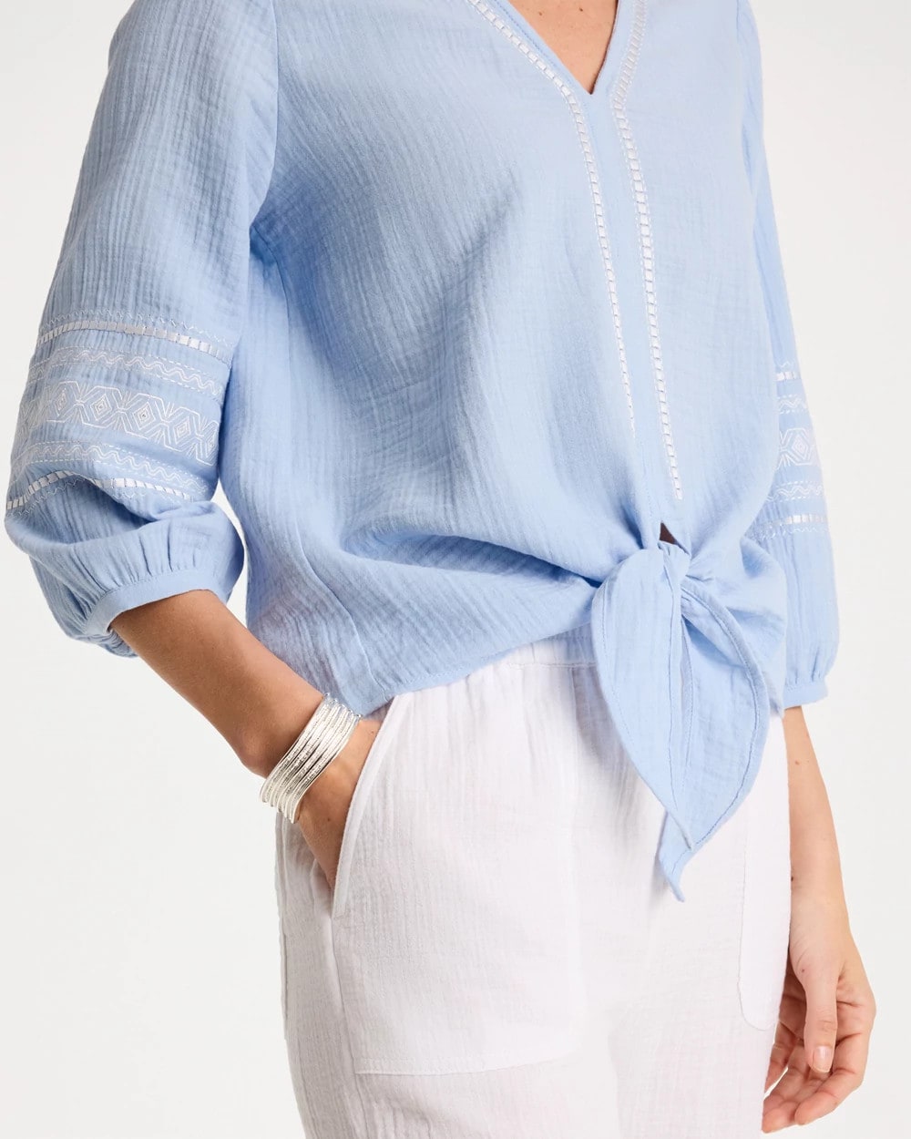 Cotton Gauze Tie-Front Blouse