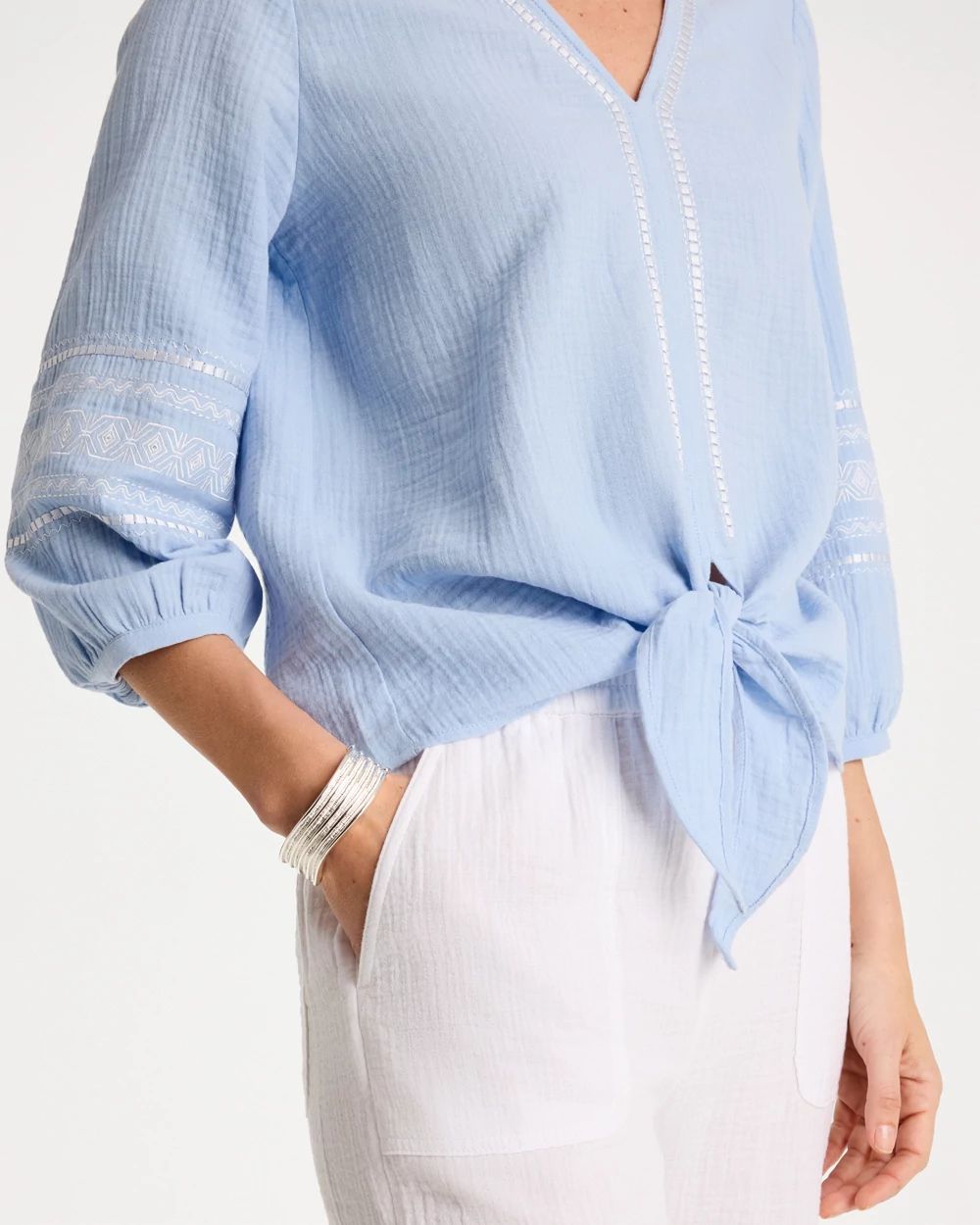 Cotton Gauze Tie-Front Blouse click to view larger image.