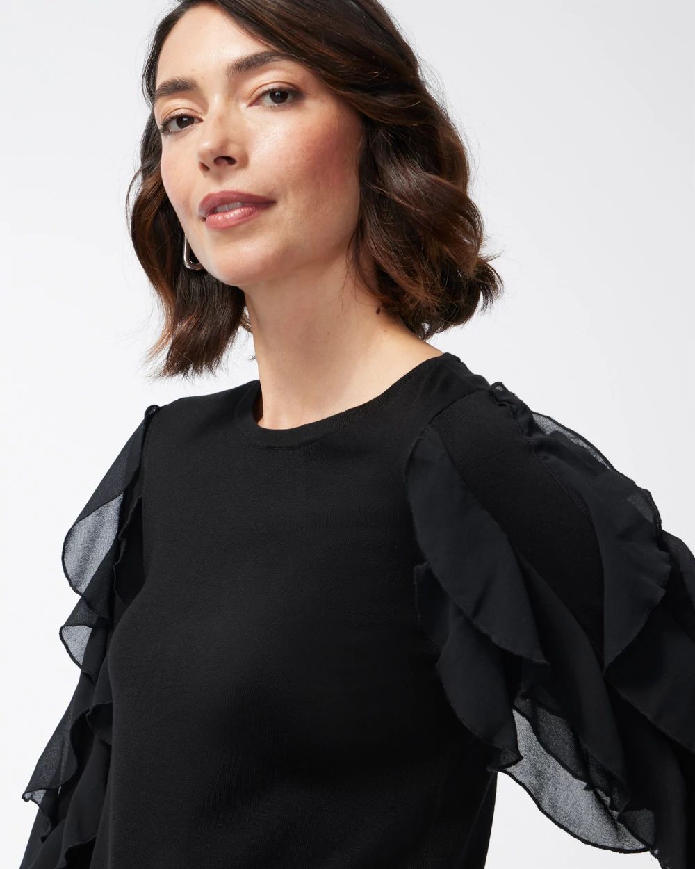 Spun Rayon Black Ruffle Sleeve Sweater
