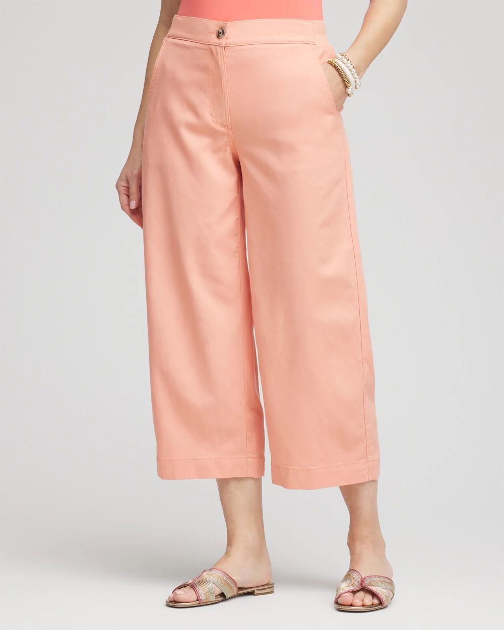 Ribbed Waist Linen Blend Straight-Leg Cropped Pants