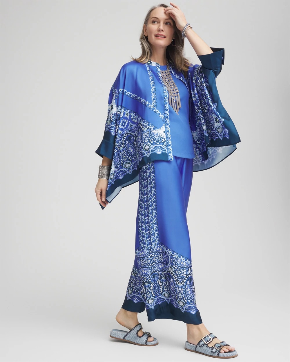 Paisley Splitneck Pleated-Cuff Poncho