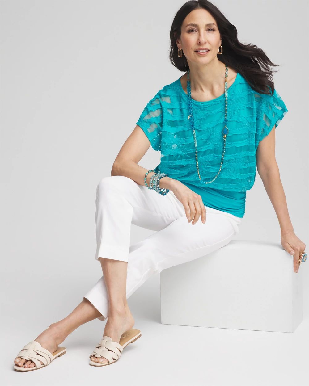Embroidered Striped Banded Bottom Top