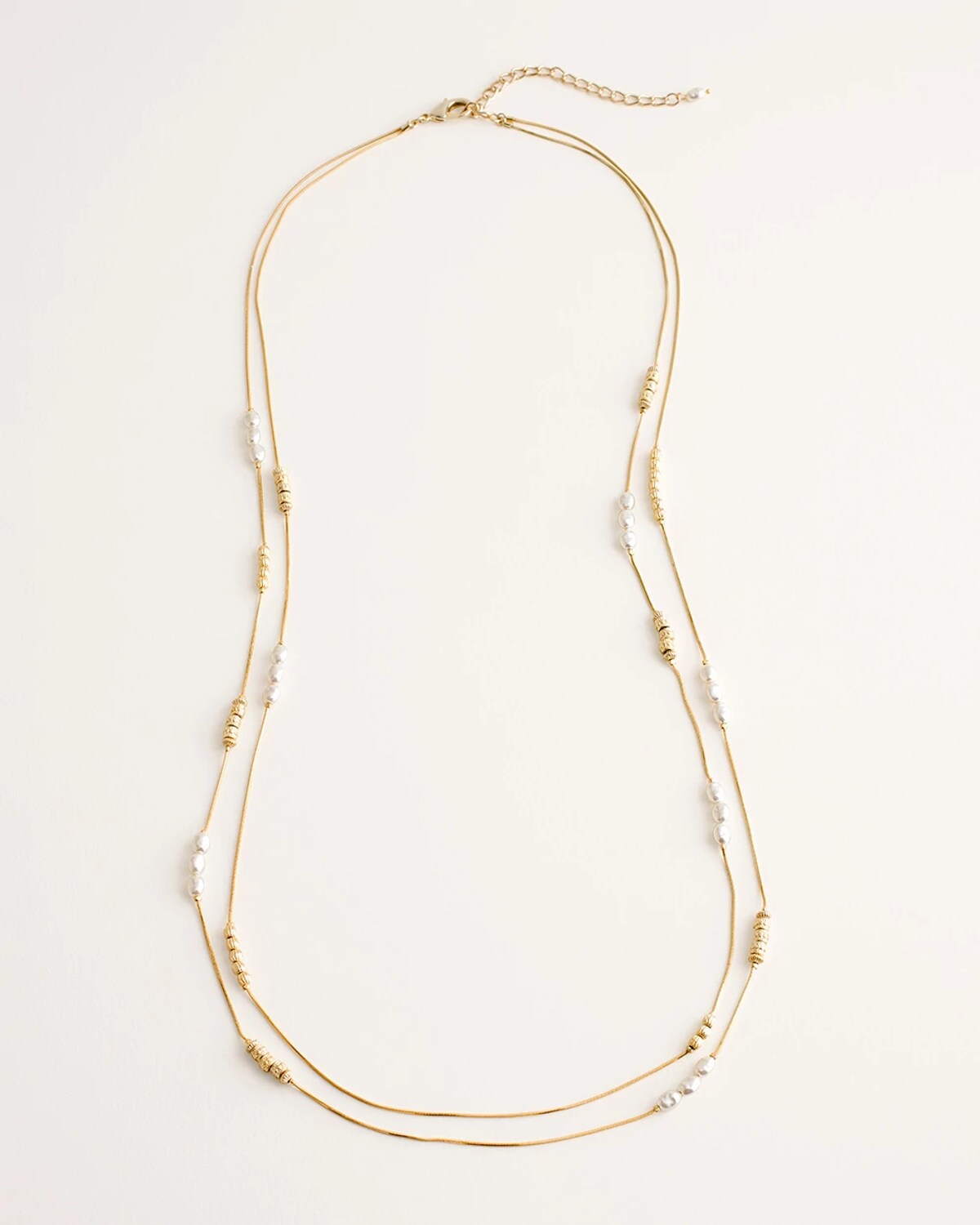 Chico's Long Faux-pearl And Goldtone Double-strand Necklace | In Gold Metallic