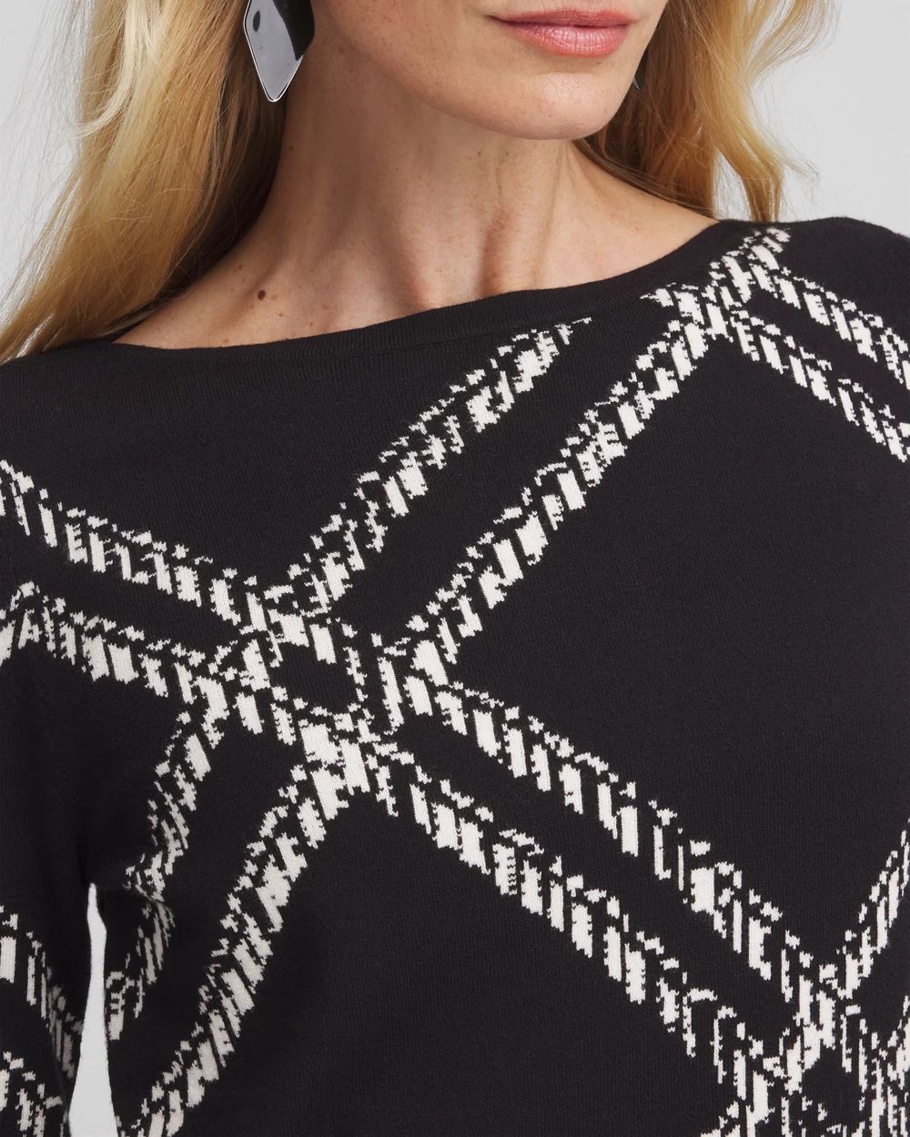 Plaid Bateau Neck Long Sleeve Pullover Sweater
