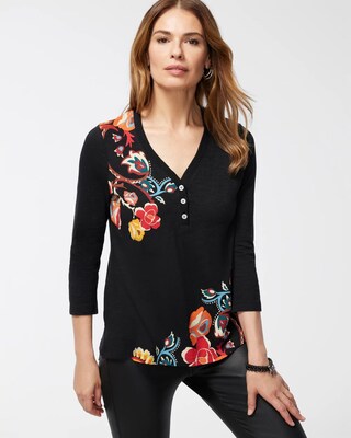 Paisley Ribbed 3/4 Sleeve Henley Tee