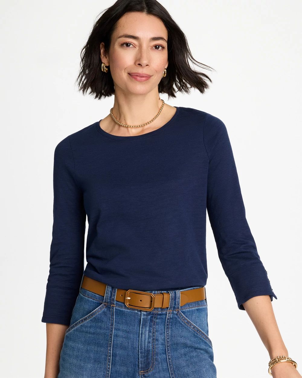 Cotton Slub 3/4 Sleeve Button Tee