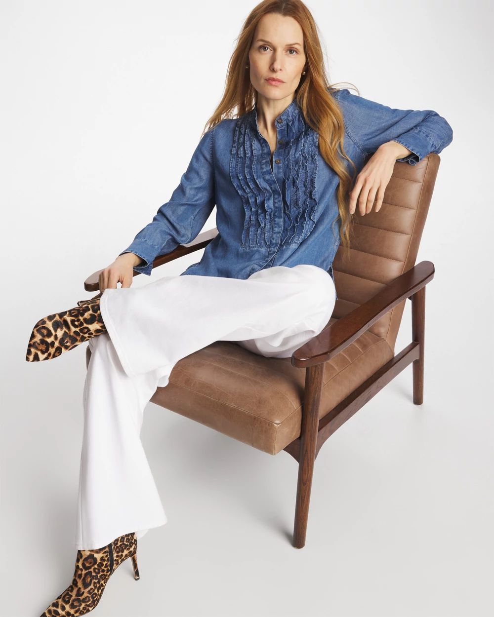 Denim Ruffle Front Shirt