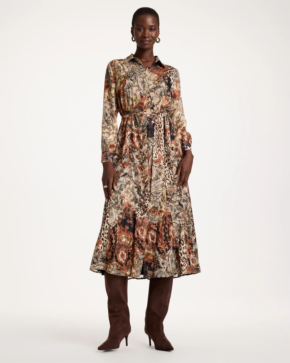 Crinkle Chiffon Godet Printed Shirtdress